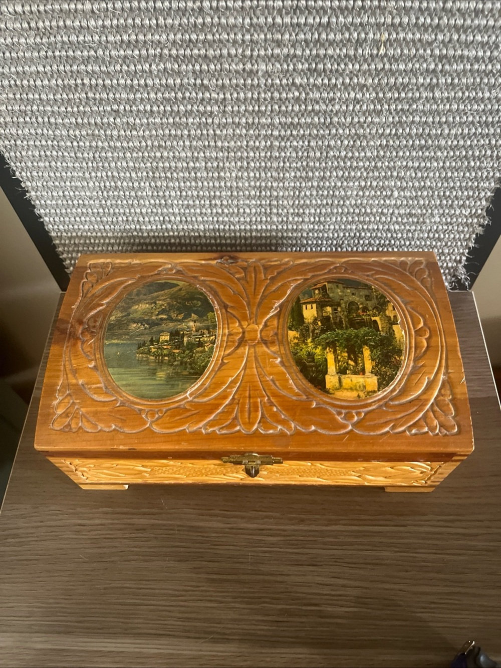 Wooden Carved Jewelry Box with Scenic Inlays - Brown